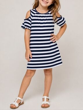 Girls Navy Striped Cold Shoulder Dress 5T Nautical Summer Preppy Coastal Boho